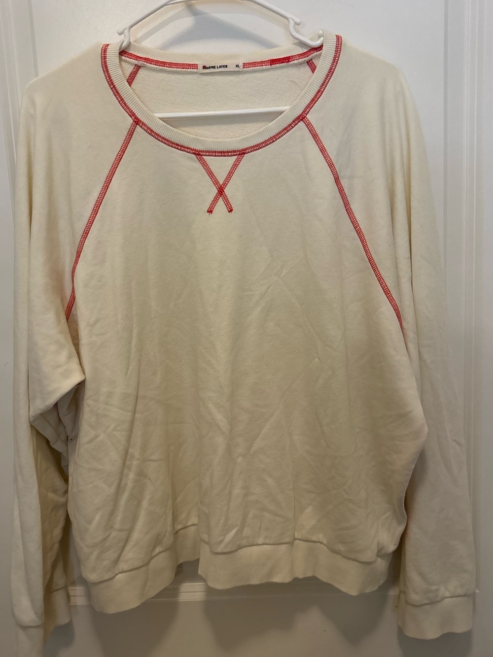 Marine Layer Terry Sweatshirt Cream with Red Stitching